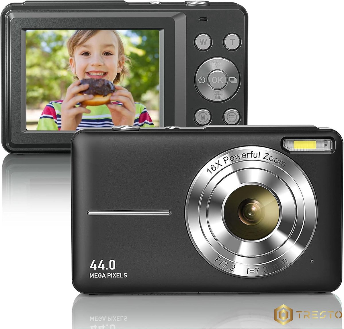 TRESTO- Digitale camera- Zwart- 32GB micro-geheugenkaart met 1 batterij- 16x zoom- 1080P compactcamera- 44MP