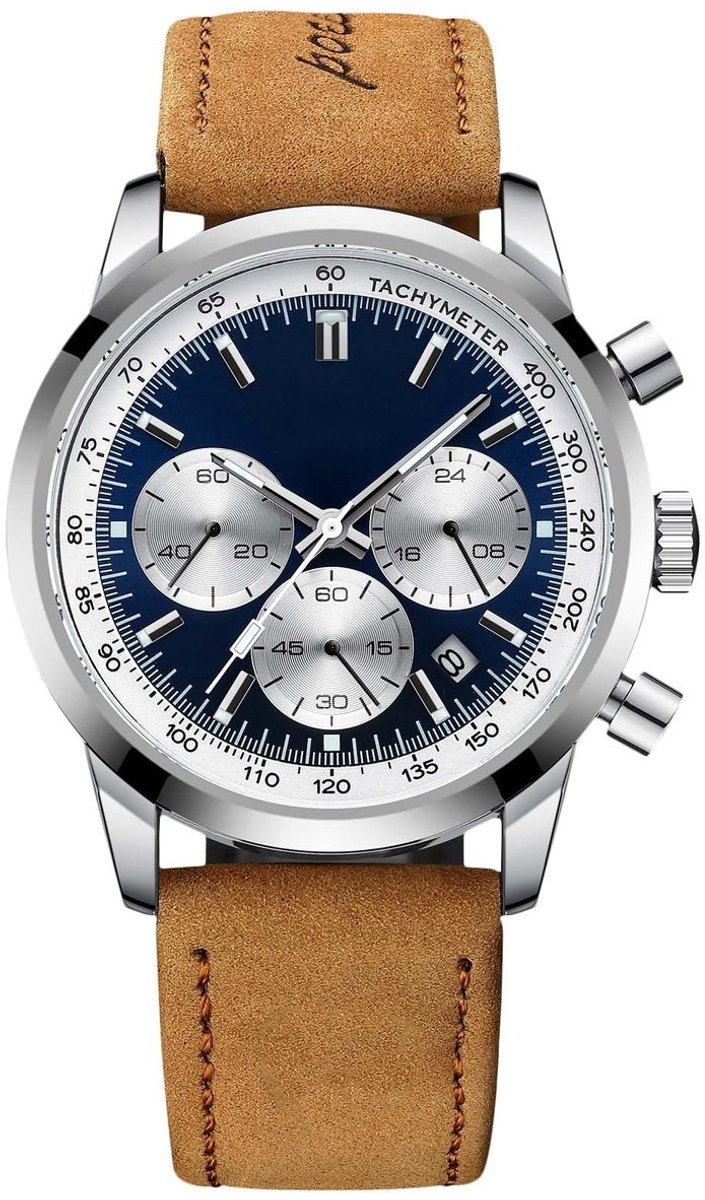 Heren Analoog Quartz Horloge Chronograaf Blauw Leren Band