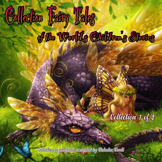 Boek 'Collection Fairy Tales of the World's Children's Stories'. Paarse draak met gouden vleugels, naast een meisje met vlindervleugels. Collection 1 of 4.