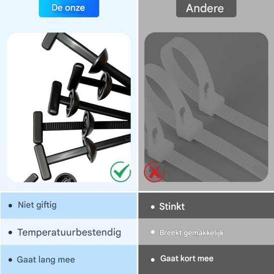 Zwarte kabelbinders naast doorzichtige kabelbinders, met vinkjes en kruisjes.