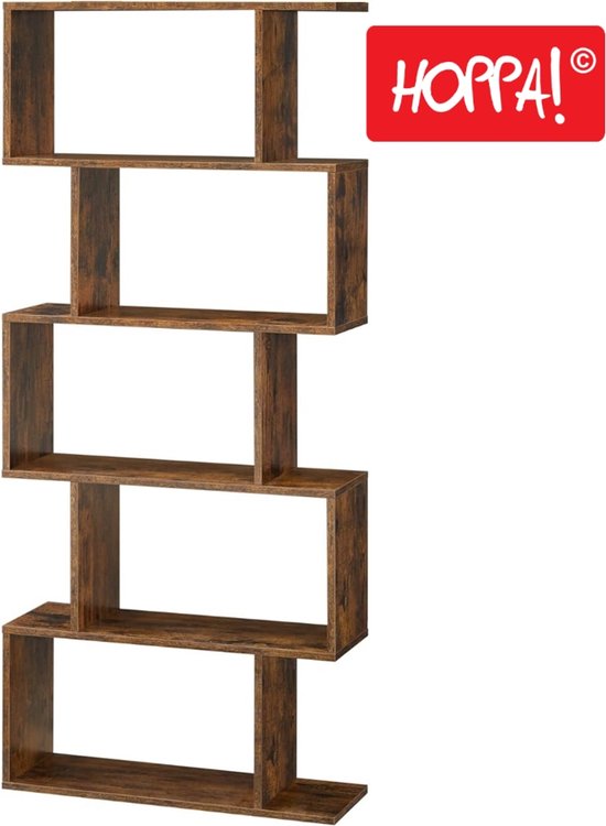 Hoppa! Boekenkast Vintage - Opbergkast - Rechthoekige Vakken - Kast Voor Boeken - Bruin - 70 x 24 x 159 (B x D x H)