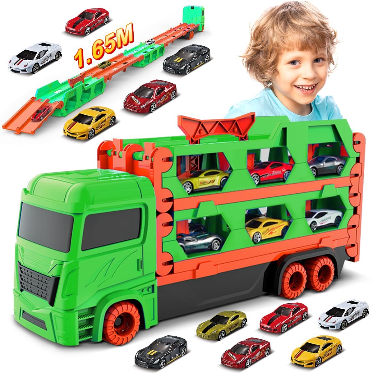 VATOS Transport Truck Treinen Speelgoed Groene - Met 6 Race Auto's Trein - Draagbaar Ontwerp Racebanen - Educatief Voertuig Speelset voor Kinderen 3-6 Jaar