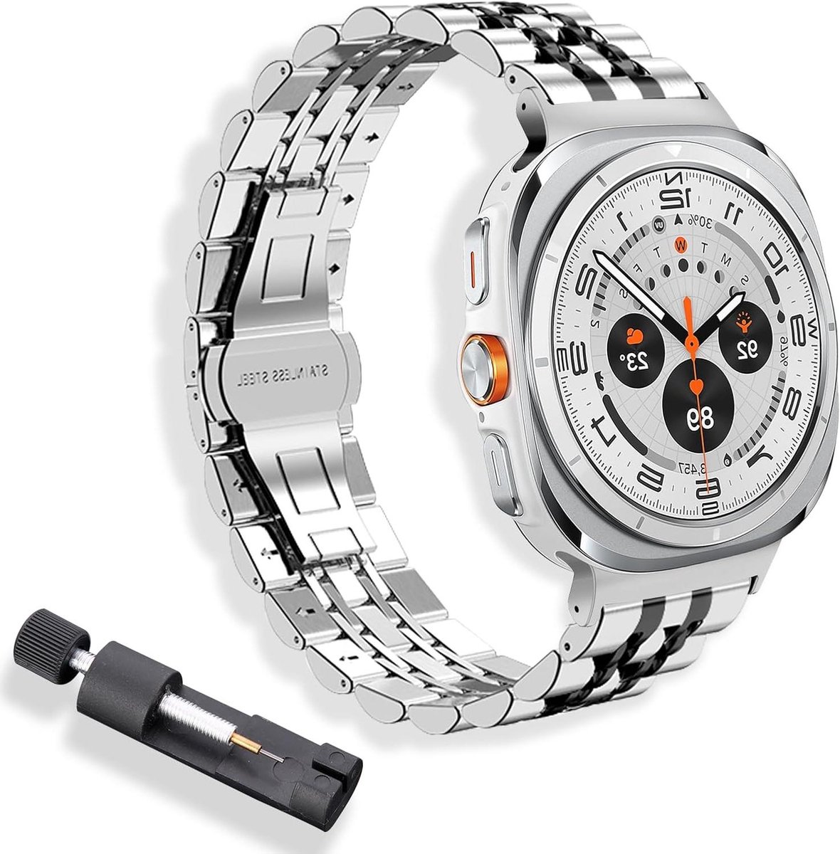 Allecto plus - Metalen Horlogeband Compatibel met Smartwatch 47 mm - Roestvrij Staal - Zilver-Zwart - Duurzaam Design - Stijlvol Ontwerp.