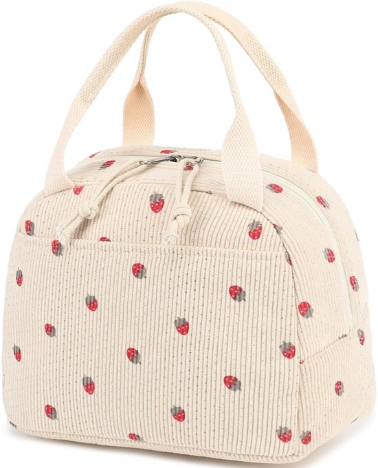 Sac à lunch en velours côtelé crème avec un motif de fraises rouges, présenté sur un fond blanc.