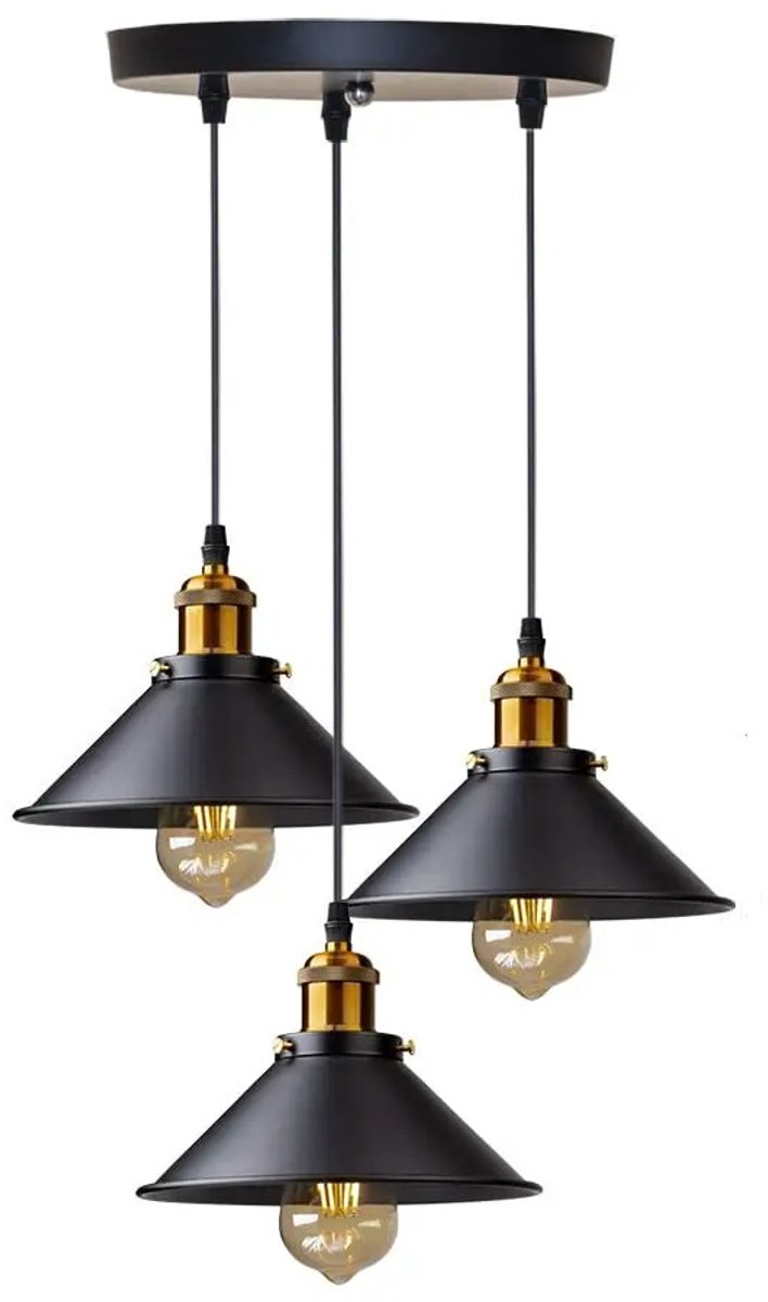 3-lichts Vintage Industriële Hanglamp – Lampenkap Ø22cm H15cm, Plafondplaat Ø30cm, Verstelbaar snoer 100cm - Zwarte Metalen Plafondlamp – Edison Ontwerp – Hangende Kroonluchter – E27 Fitting – Hanglampen voor Keuken, Eetkamer en Woonkamer – 3 Delig