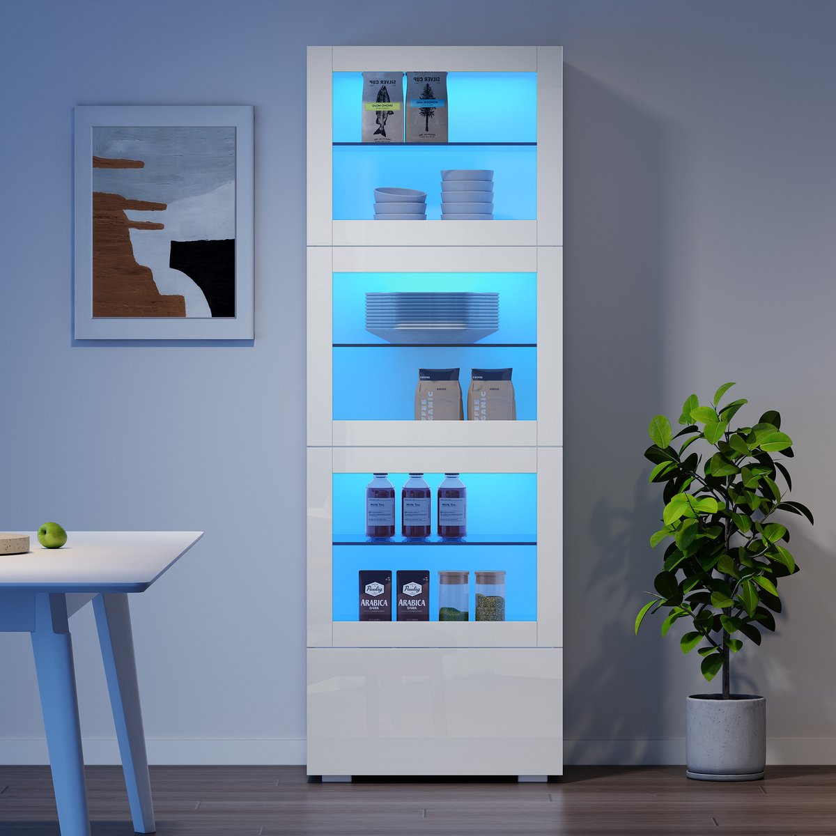 PHOEBE CAT Vitrinekast - Acryl deuren - Hoogglans - LED-verlichting - 3 glazen planken - Met lade - Wit