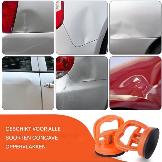Collage van autodeuken die hersteld zijn met oranje zuignappen, geschikt voor concave oppervlakken.