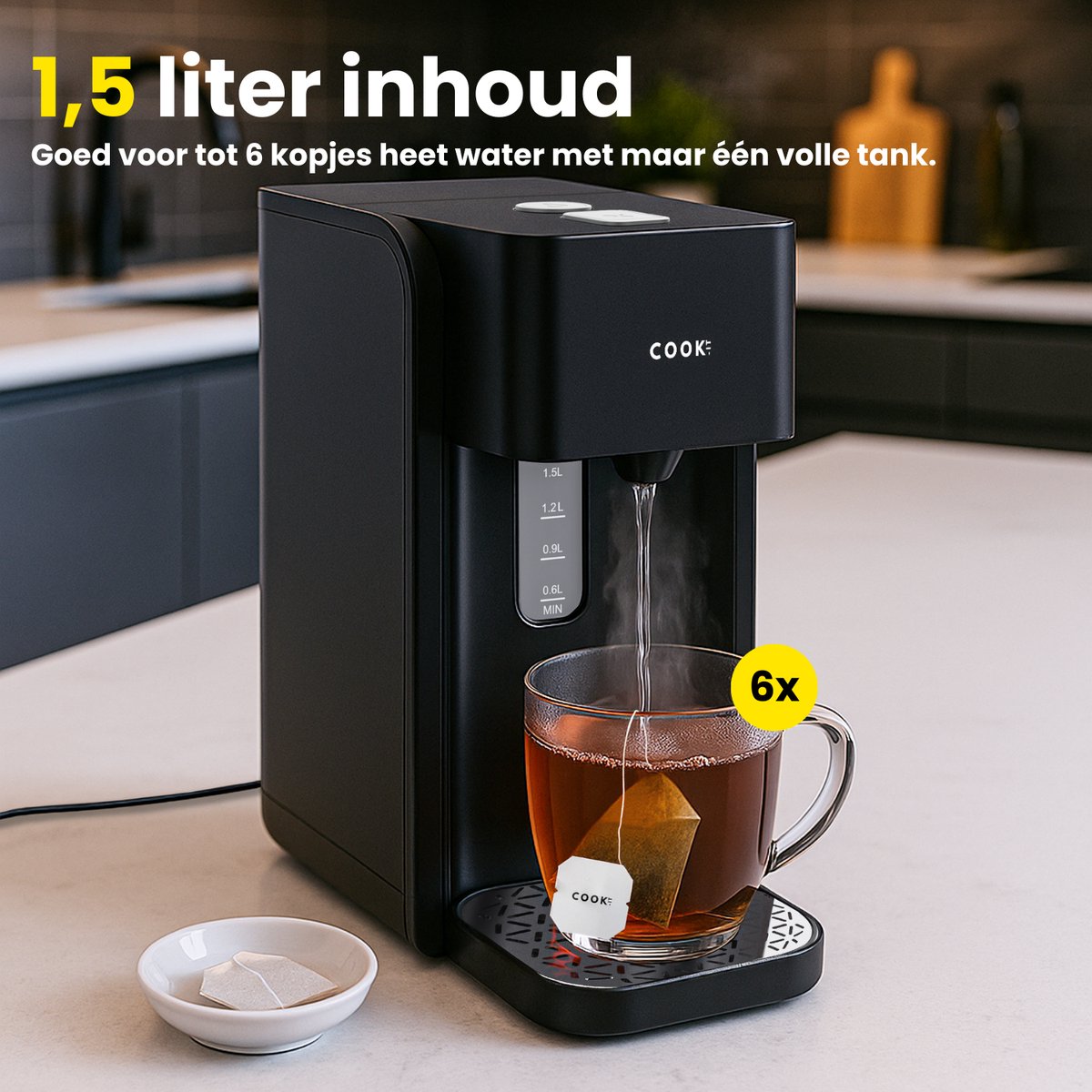 COOK-IT Heetwaterdispenser - 1.5L Instant Waterkoker - 100°C - 250ml per druk - 2200W - BPA-vrij - Heetwatertap - Zwart — afbeelding 7