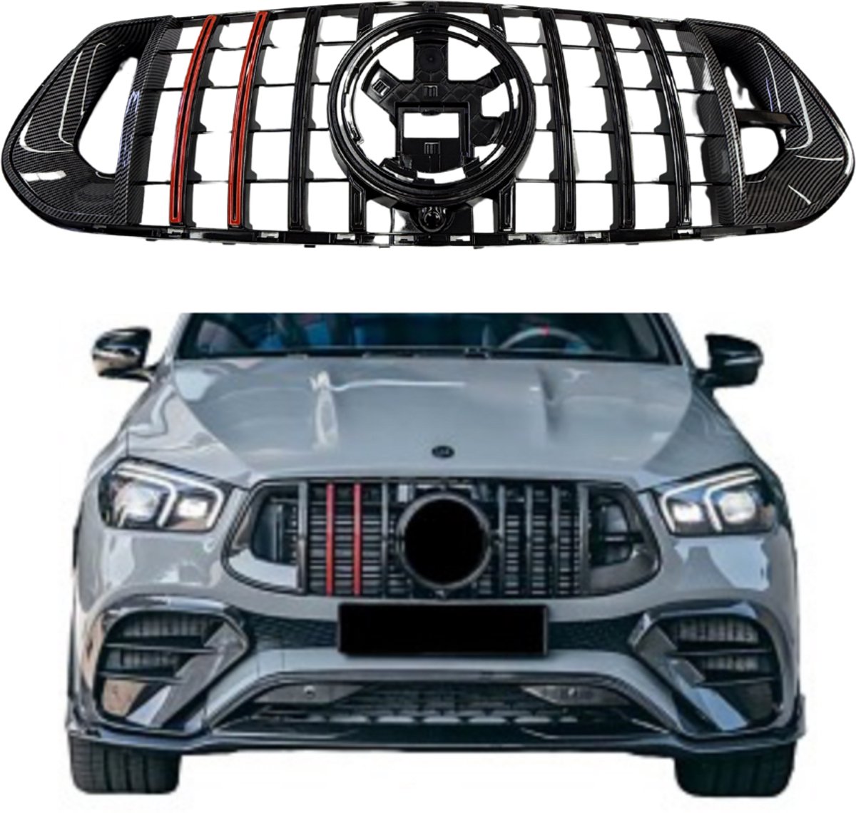 Mercedes GLE W167 SUV, C167 Coupe (2018-2023) B-Look Grill Glans Zwart/Carbon Rood Accent