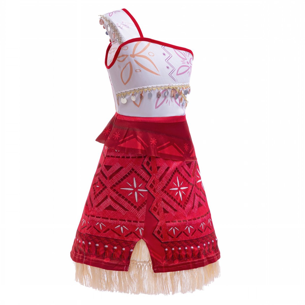 Joya Kids® Oceaanprinses Verkleedjurk Meisje | Polynesische Prinsessenjurk Kind | Hawaï Kostuum | Jurk met Schelpen & Franjes Rood Wit | Carnaval & Verkleedfeest | — afbeelding 4