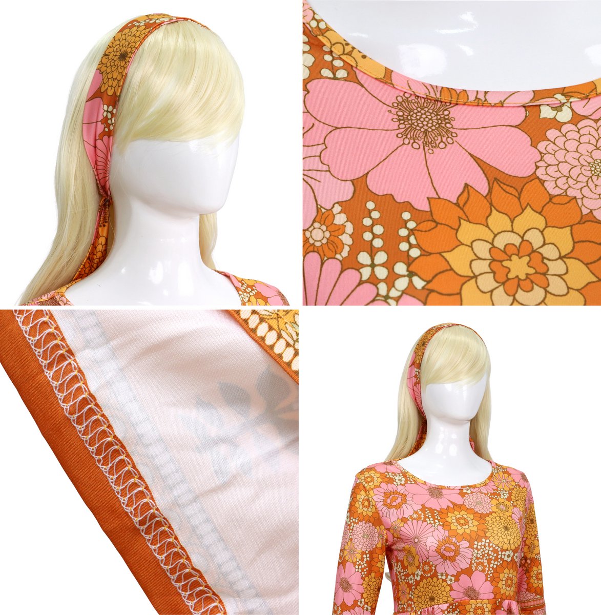 Joya Party® Hippie Verkleedjurk Dames Oranje Roze | Jaren Flower Power Kostuum | Inclusief Haarband | Verkleedkleding Bloemen Volwassenen | Stretch Stof | Carnaval / Themafeest | — afbeelding 4