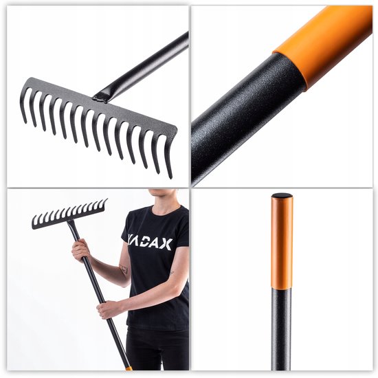 KADAX hark, tuinhark van metaal, brede hark met 154,5 cm lange metalen steel, tuingereedschap voor wieden, bemesten, tuinhark voor gazon en bladeren (rechthoekig, 14 tanden) van Merkloos	 — afbeelding 2