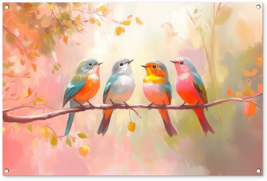 Affiche de jardin 120x80 cm - Décoration de jardin Vogels - Branche colorée - Affiche pour le jardin - Décoration extérieure - Tableau de jardin clôture - Décoration murale sur toile de jardin - Décoration murale sur toile de balcon