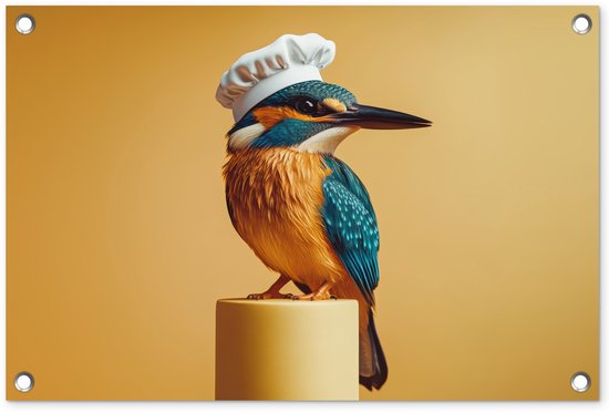 Tuinposter 60x40 cm - Tuindecoratie Ijsvogel - Pilaar - Koksmuts - Vogel - Poster voor in de tuin - Buiten decoratie - Schutting tuinschilderij - Tuindoek muurdecoratie - Wanddecoratie balkondoek