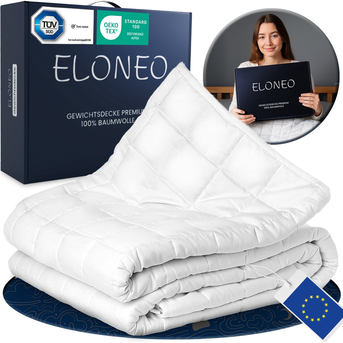 ELONEO Verzwaringsdeken 9 kg 155x220 cm – 100% Katoen - Weighted Blanket - TÜV & Oeko-Tex - Zwaartedeken