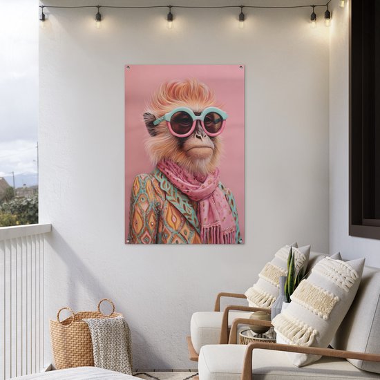 Affiche de jardin 80x120 cm - Décoration de jardin Foulard - Singe - Lunettes de soleil - Veste - Affiche pour le jardin - Décoration extérieure - Tableau de jardin clôture - Décoration murale en tissu de jardin - Décoration murale en tissu de balcon
