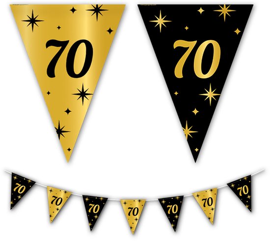 Gouden en zwarte driehoekige slingervlaggen met het getal 70 en sterren, en een afgemaakte vlaggenlijn.