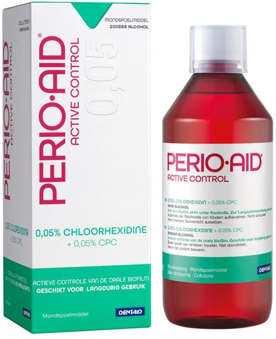 Perio•Aid Active Control mondspoelmiddel met 0,05% chloorhexidine en 0,05% CPC. Fles van 500 ml naast kartonnen verpakking.