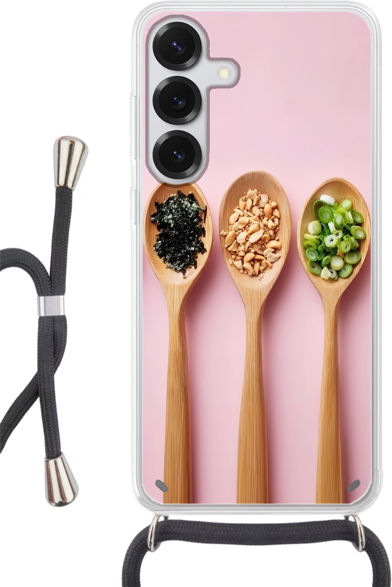 Telefoonhoesje Geschikt voor Samsung Galaxy S25 Plus - Ingrediënten - Lepels - Hout - Roze - Siliconen - Crossbody - Backcover met Koord - Telefoonhoesje met koord - Hoesje met touw Telefoonhoesje
