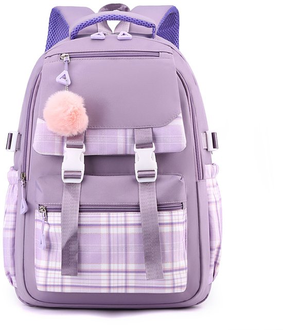 Lichtpaarse rugzak met lichtere ruitdetails, gespen en een roze pompon. Voorzien van handvat en verstelbare schouderbanden.