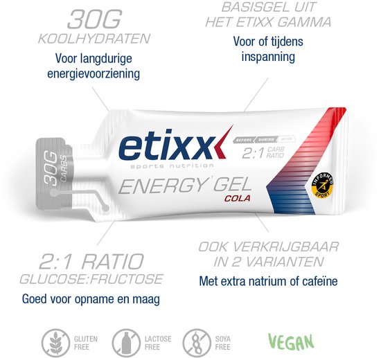 Etixx Energy Gel Cola - Sports Nutrition - Energy Gel - 12 x 40 ml - Cola- 30G Koolhydraten - Snelle Energielevering - Langdurig effect - Optimale opname - 2:1 Glucose:Fructose - Verbeterde Formule — afbeelding 3