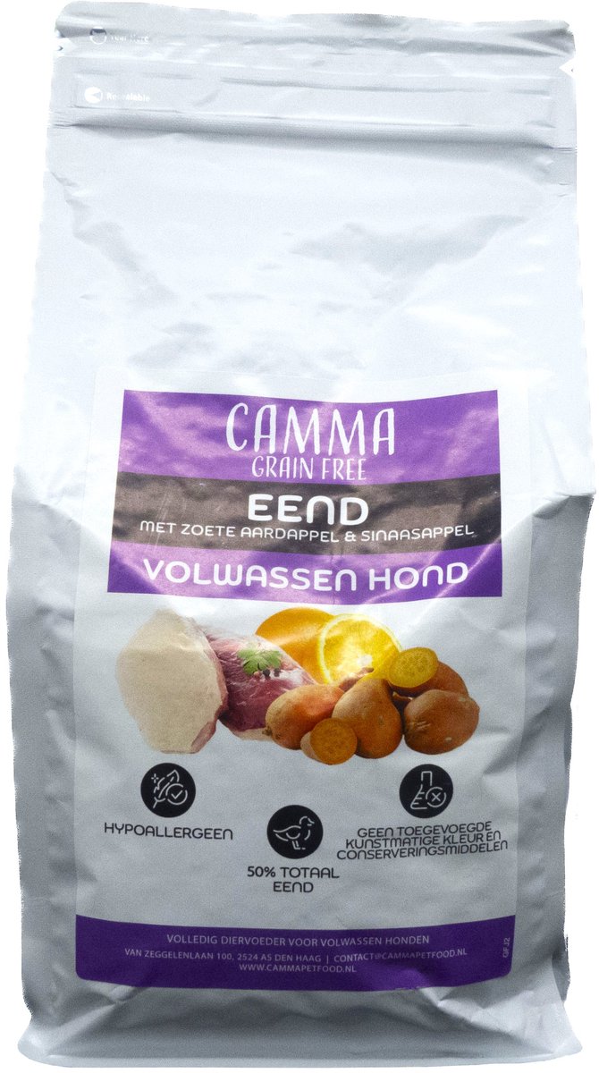 Camma Graanvrij Eend met Zoete aardappel & Sinaasappel Volwassen Hond 2 kg