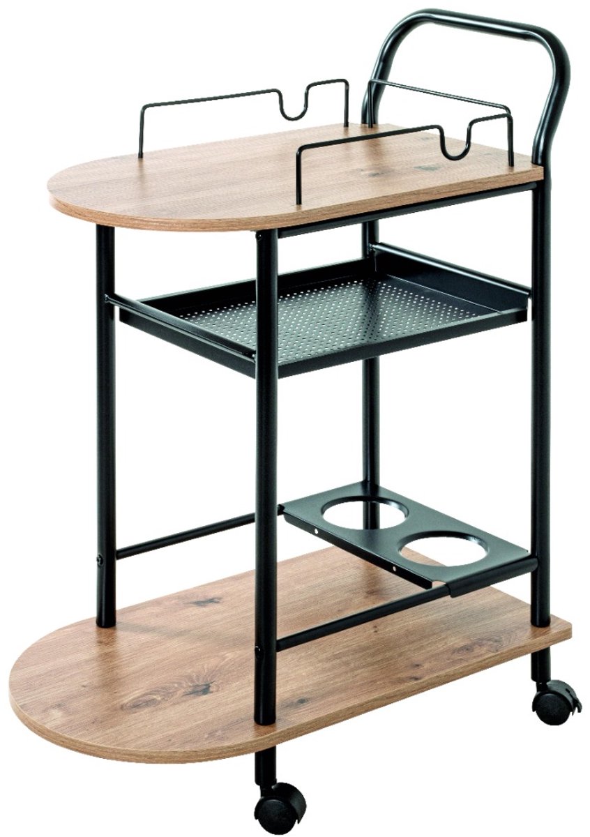 Keukentrolley – Robuust zwart staal met licht eiken planken – Inclusief flessenhouder en handige handgreep – Modern design 65x35x83 cm – Stijlvol MDF en metaal