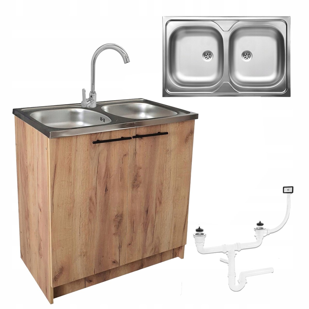 STAMAR - Keukenkast 80 cm - Onderkast met Dubbele spoelbak + kraan + sifon - Eiken Goud