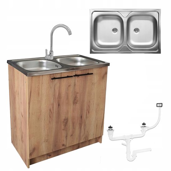 STAMAR - Meuble de cuisine 80 cm - Double Kom - Robinet haut Chrome - Doré