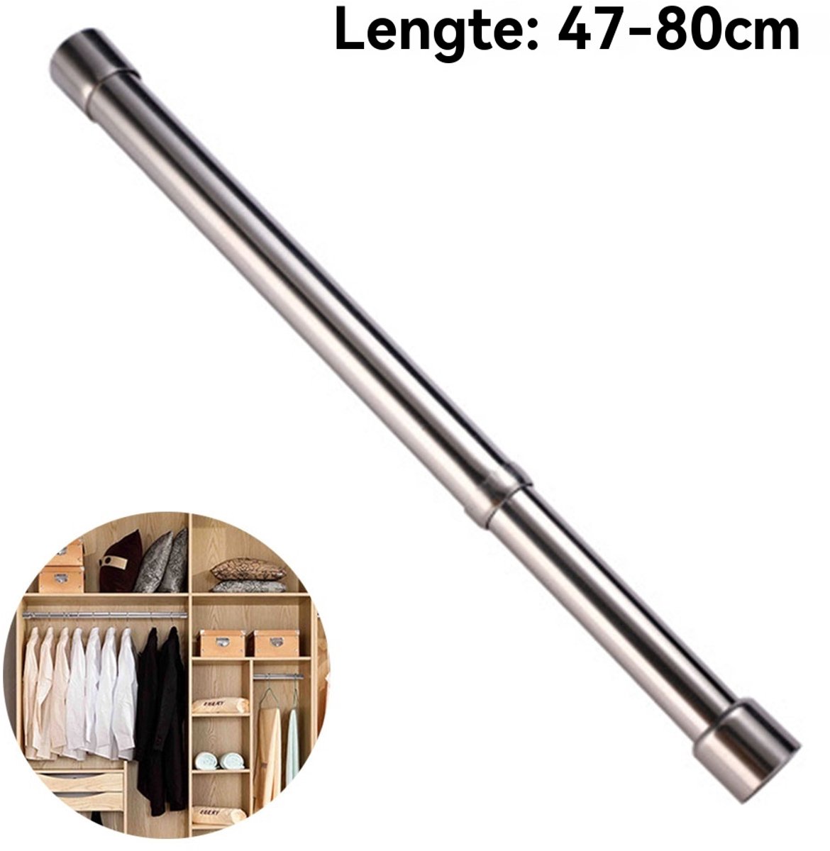 Kledingroede Verstelbaar 47-80cm – RVS Garderoberek Kledingstang – Zilver