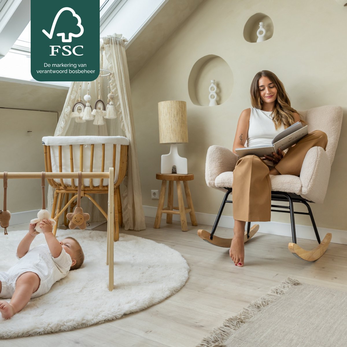 SITTT Schommelstoel - Relaxstoel babykamer - Fauteuil - Voedingsstoel - Roomwit - Beige — afbeelding 5