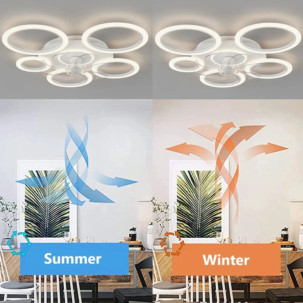 Plafondventilator - Met Verlichting - Ringen - Moderne Plafondventilator Verlichting - Plafond Ventilator Lamp - 5 Cirkels - Met Afstandsbediening - Dimbaar - Zwart - Wit thumbnail 4