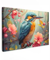 Tuinschilderij voor buiten 120x80 cm - Tuindecoratie IJsvogel - Bloesem - Natuur - Vogels - Bloemen - Tuinposter op canvas - Tuin muurdecoratie - Buitenschilderij decoratie - Schutting wanddecoratie - Buitencanvas