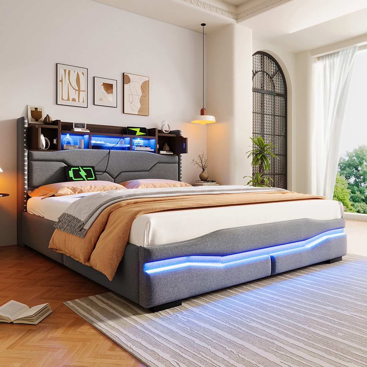 KOMHTOM Gestoffeerd bed, 160 x 200 cm, met USB-aansluiting, oplaadfunctie, sfeerverlichting met afstandsbediening onder het bed, hoofdeinde met opbergvak, bed met hydraulische opbergruimte, zonder matras, met LED-lampen, grijs