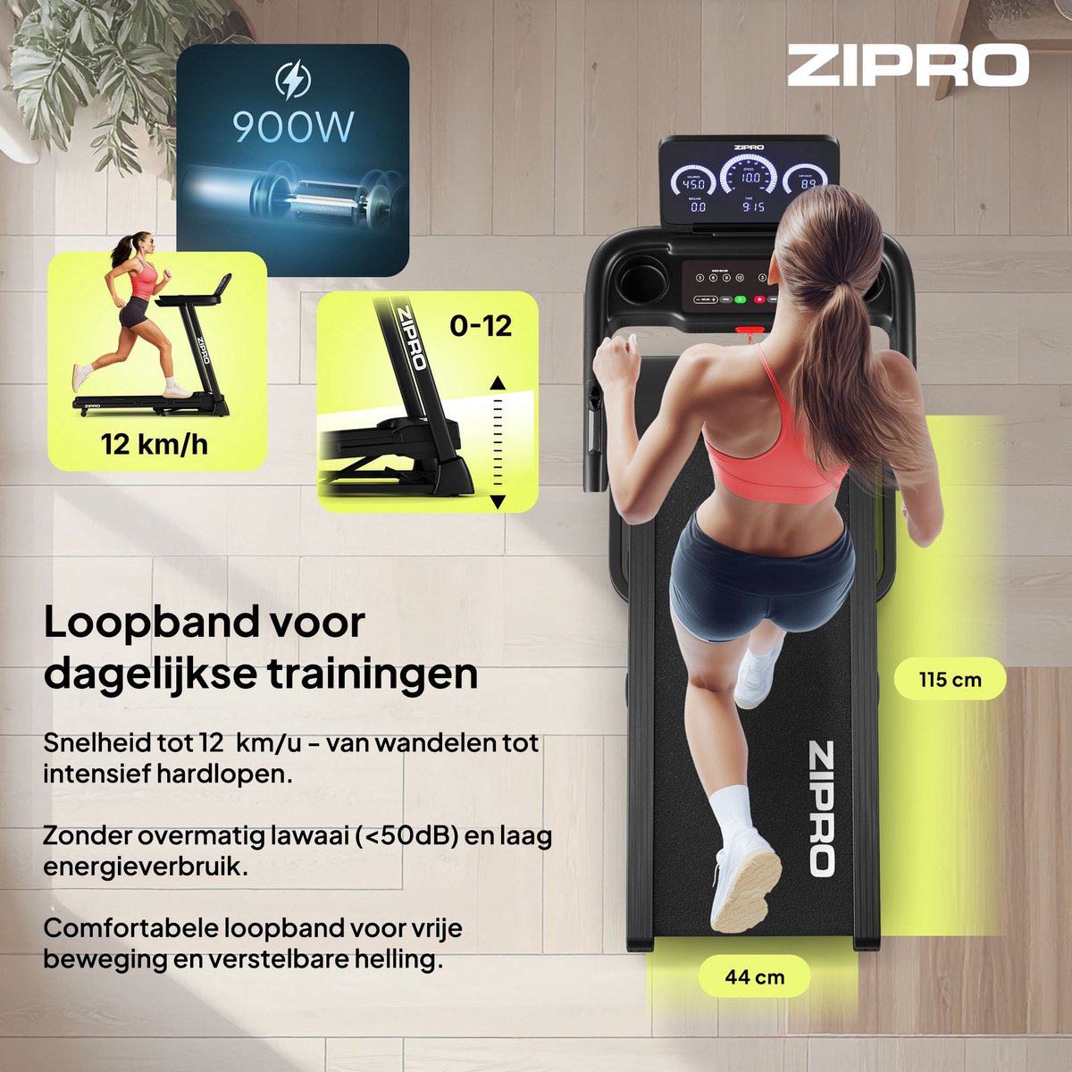 Afbeelding 3 van ZIPRO® Luma - Elektrische Loopband 1-12 km/u - Inklapbaar - met Hellingfunctie - Bluetooth - Kinomap en FitShow Apps - Fitness - Hellingshoek Instelbaar - Vermogen 1,25 HP - Groot Loopvlak 115 × 44 cm - Max. 120 kg - Zwart