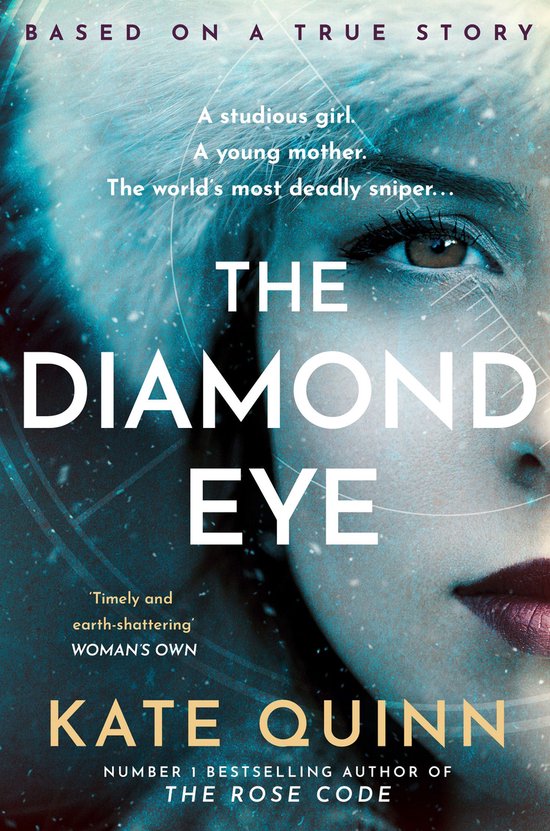 Boekcover 'The Diamond Eye' met close-up van een vrouw met blauw-grijze ogen en witte bontmuts. Tekst: 'Based on a true story', 'The Diamond Eye', 'Kate Quinn'.