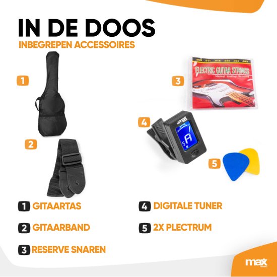 Accessoires voor elektrische gitaar: gitaartas, gitaarband, reserve snaren, digitale tuner en plectrums.