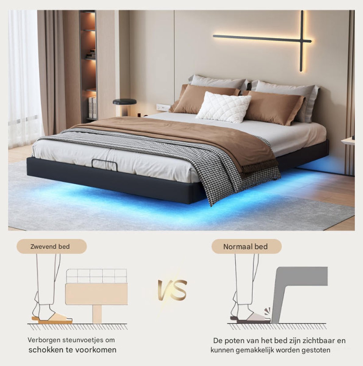 SHOPENTRA Hydraulisch opbergbed 160x200 cm, zwart bedframe zonder hoofdbord, met LED-verlichting onder bed thumbnail 6