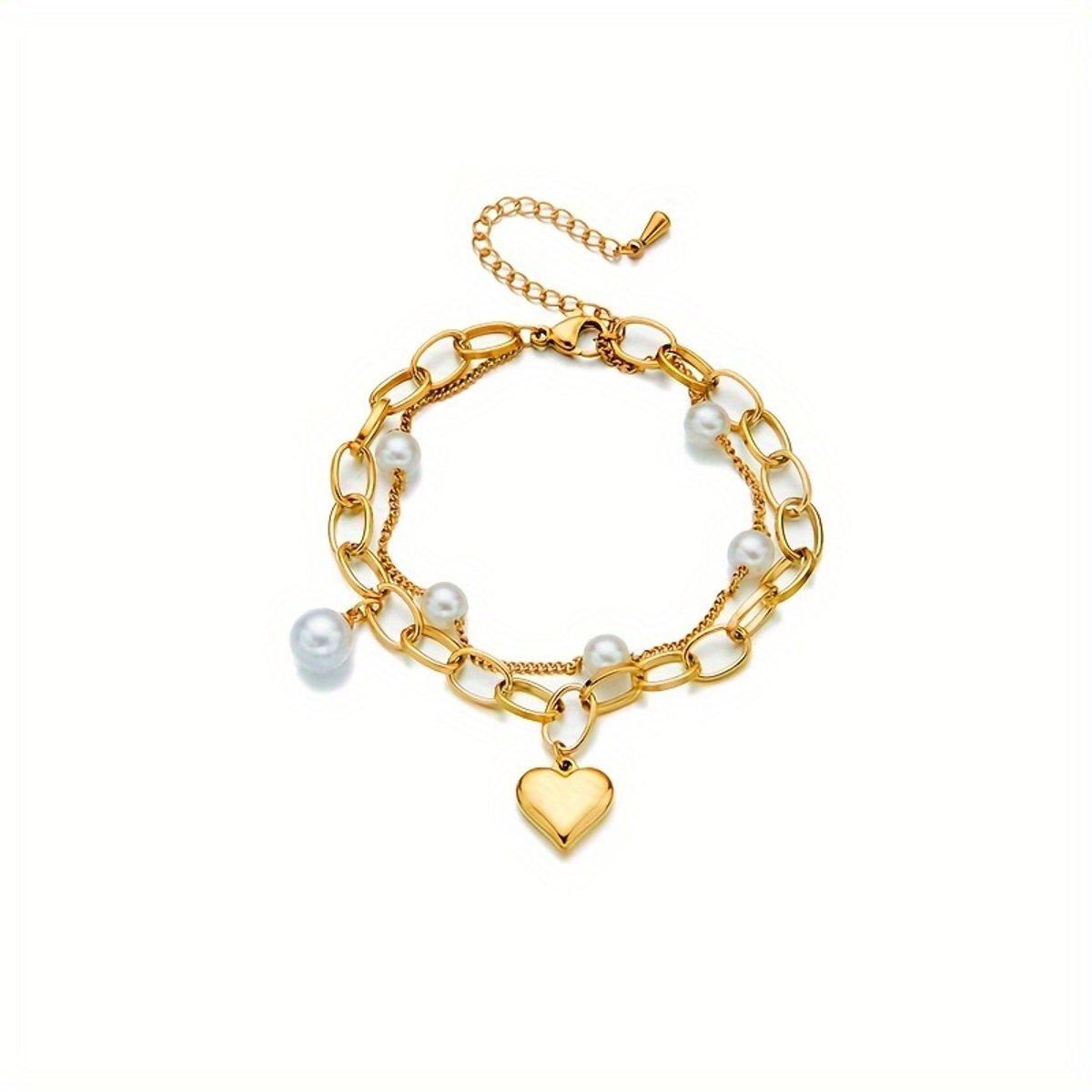 Sjika - Gold plated armband met parels & hartbedel – Luxe damesarmband – Trendy schakel design – Perfect cadeau voor haar