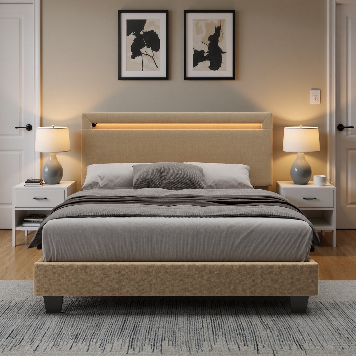 Xbro Gestoffeerd Bed 120 x 200 cm – met Bedhoofdbord LED-Verlichting – Tweepersoonsbed met Hoofdbord en Lattenbodem – Beige — cadeau in Cadeau-ideeën - foto 5