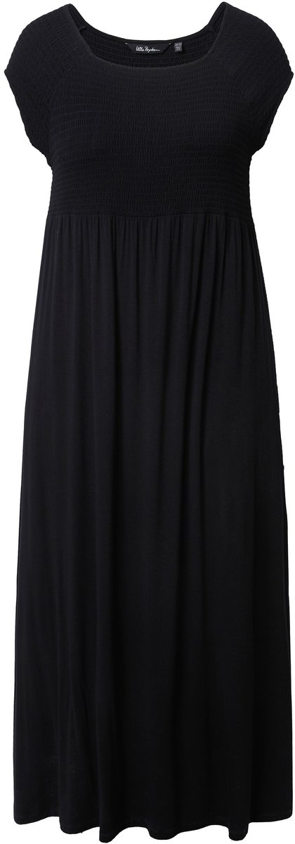 Ulla Popken - Dames - Gesmokte jurk A-lijn carréhals korte mouwen - Zwart - Maat 54+