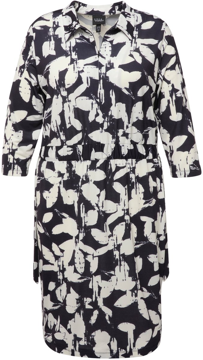 Ulla Popken Dames - Jersey jurk bladeren overhemdkraag 3/4-mouwen - Marine - Maat 58+