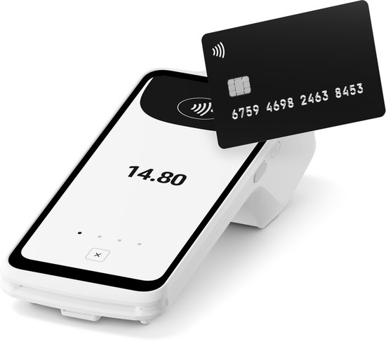 Een witte SumUp pinautomaat met een zwarte creditcard voor contactloze betaling.