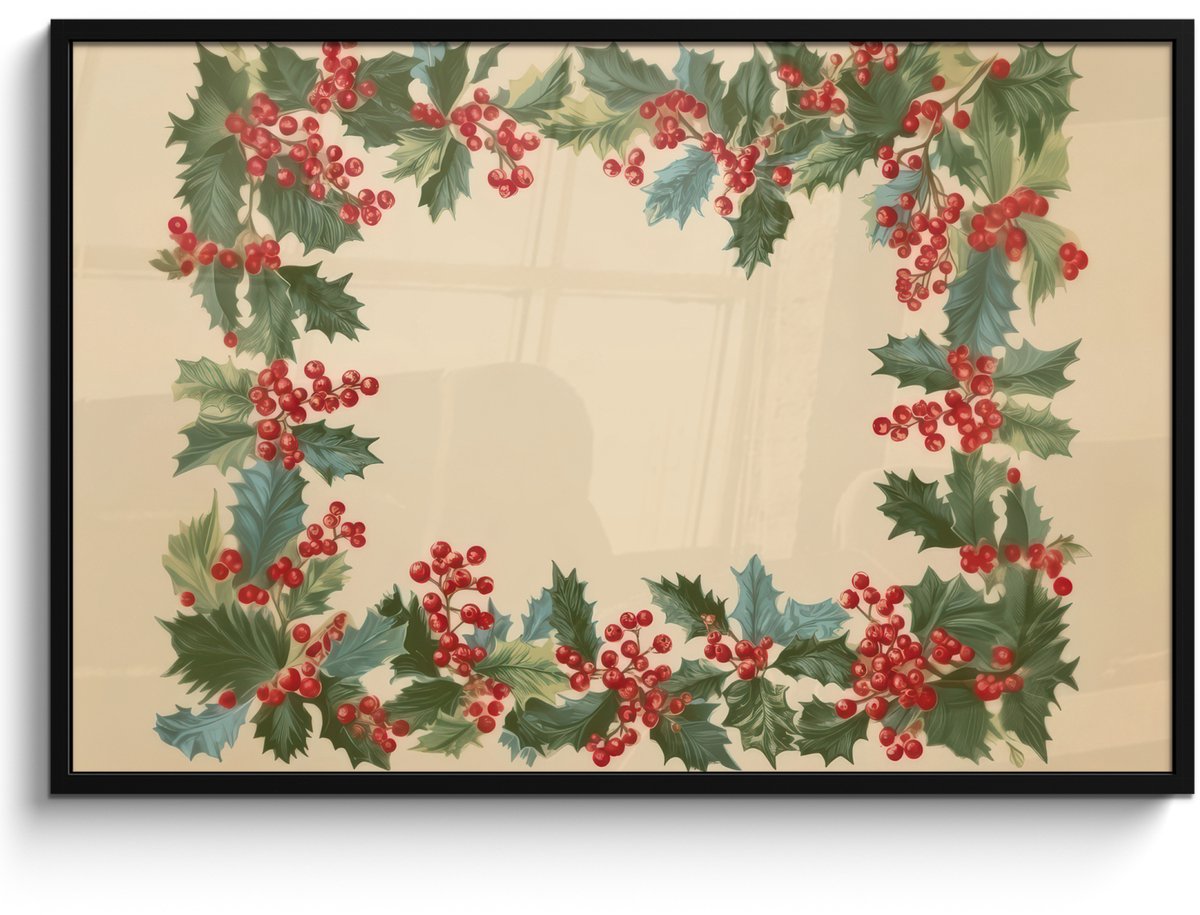 FrameYourWall Poster in lijst - Fotolijst 120x80 cm - Posters - Hulstrand - Bessen - Beige - Posterlijst zwart - Decoratie - Wanddecoratie woonkamer - Muurdecoratie slaapkamer - Kerstversiering - Kerstdecoratie voor binnen - Kerstmis
