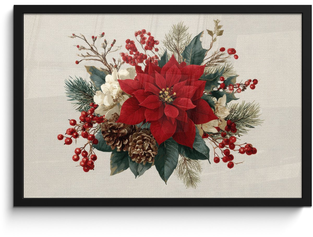 FrameYourWall Poster in lijst - Fotolijst 60x40 cm - Posters - Kerststuk - Pointia - Dennenappels - Rood - Posterlijst zwart - Decoratie - Wanddecoratie woonkamer - Muurdecoratie slaapkamer - Kerstversiering - Kerstdecoratie voor binnen - Kerstmis Kerststuk - Poinsettia - Dennenappels - Rood