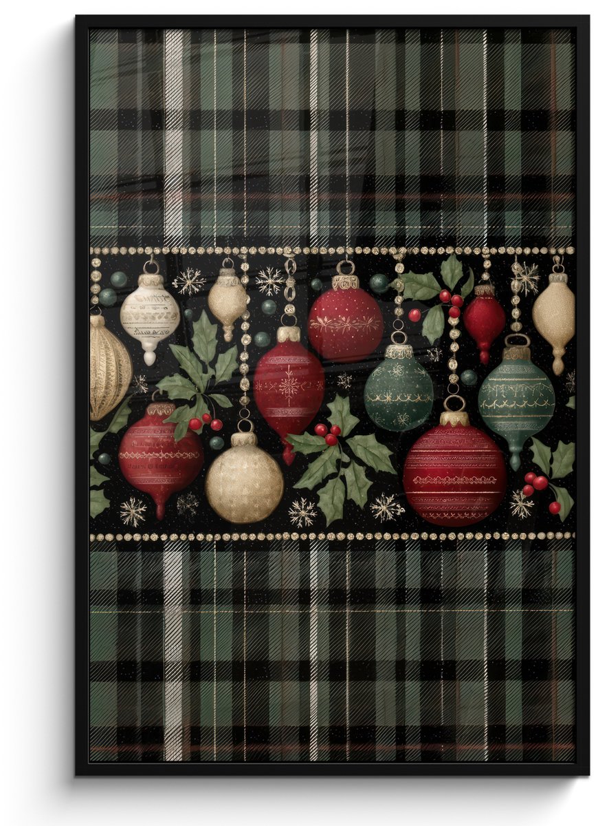 FrameYourWall Poster in lijst - Fotolijst 80x120 cm - Posters - Kerstballen - Rood - Hulsttakken - Patroon - Posterlijst zwart - Decoratie - Wanddecoratie woonkamer - Muurdecoratie slaapkamer - Kerstversiering - Kerstdecoratie voor binnen - Kerstmis