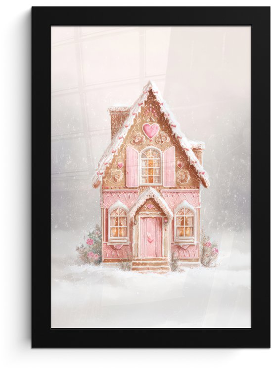 Poster in lijst - Fotolijst 20x30 cm - Posters - Huisje - Suiker - Pastel - Posterlijst zwart - Decoratie - Wanddecoratie woonkamer - Muurdecoratie slaapkamer - Kerstversiering - Kerstdecoratie voor binnen - Kerstmis