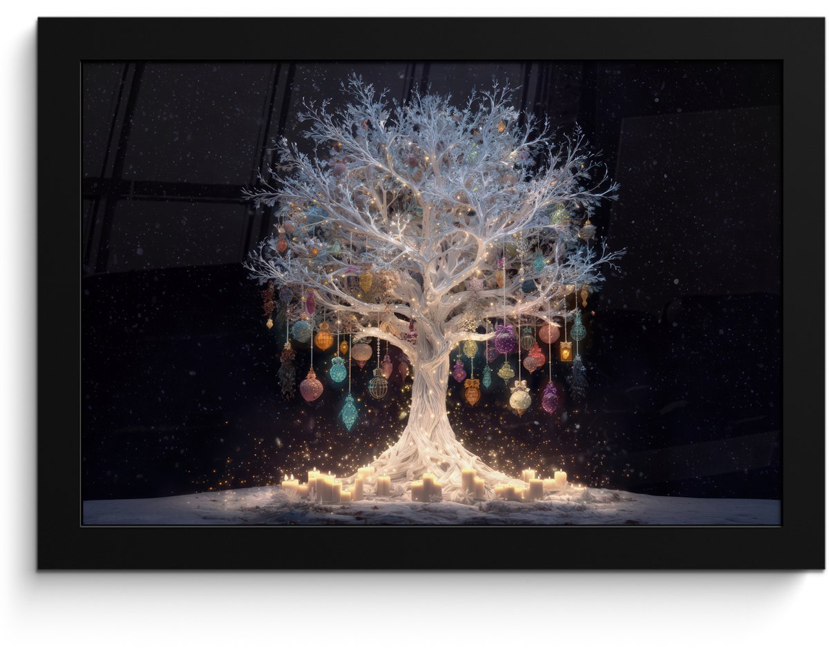 FrameYourWall Poster in lijst - Fotolijst 30x20 cm - Posters - Sneeuwboom - Lichtjes - Wit - Kleurrijk - Posterlijst zwart - Decoratie - Wanddecoratie woonkamer - Muurdecoratie slaapkamer - Kerstversiering - Kerstdecoratie voor binnen - Kerstmis