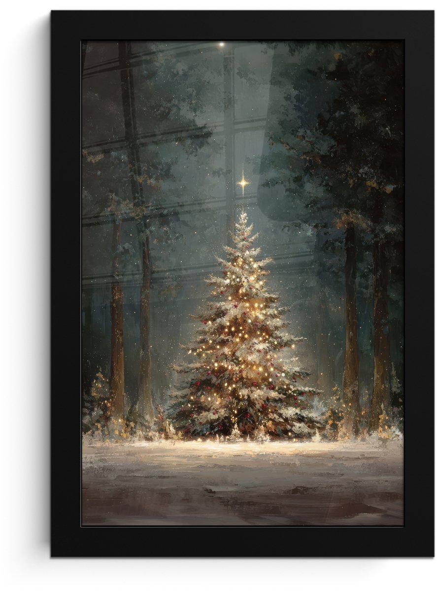 FrameYourWall Poster in lijst - Fotolijst 20x30 cm - Posters - Kerstboom - Bos - Sneeuw - meerkleurig - Posterlijst zwart - Decoratie - Wanddecoratie woonkamer - Muurdecoratie slaapkamer - Kerstversiering - Kerstdecoratie voor binnen - Kerstmis
