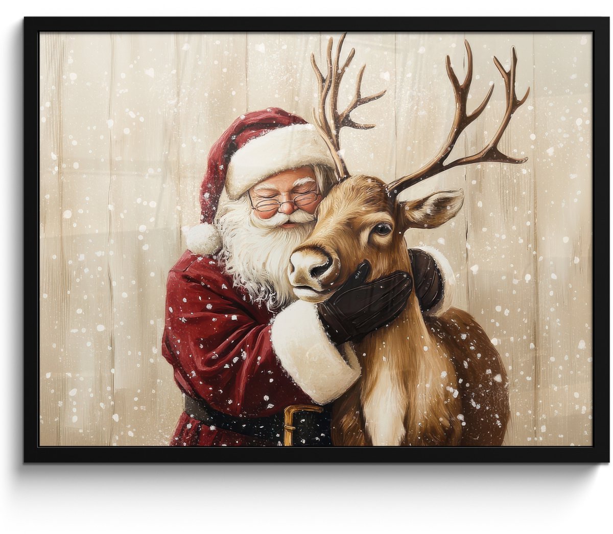 FrameYourWall Poster in lijst - Fotolijst 80x60 cm - Posters - Kerstman - Rendier - Sneeuw - Kleurrijk - Posterlijst zwart - Decoratie - Wanddecoratie woonkamer - Muurdecoratie slaapkamer - Kerstversiering - Kerstdecoratie voor binnen - Kerstmis